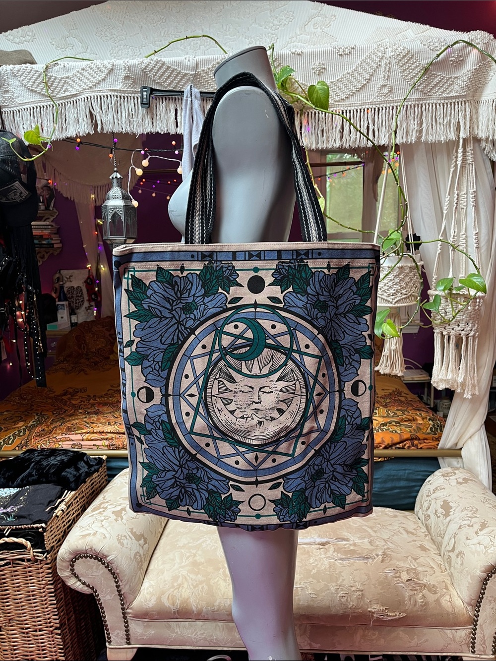 Boho Witchy celestial sun & moon tote bag